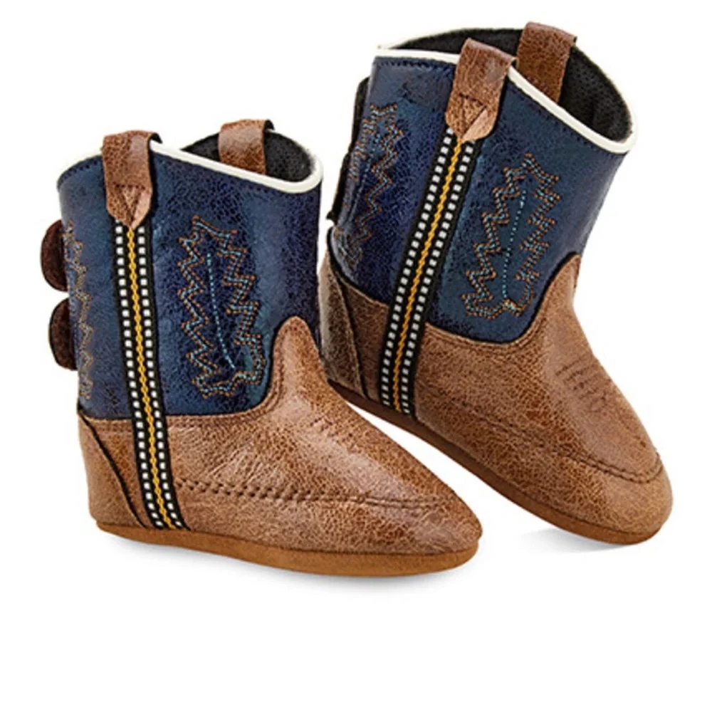 Old West Baby Cowboy Boots Distressed Tan & Navy Western Crib Shoes